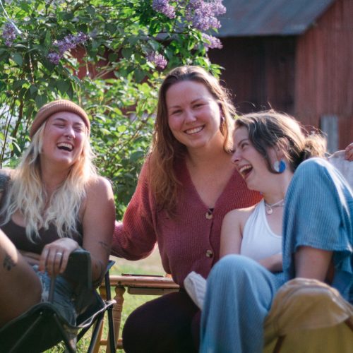 "Volunteers engaging in community projects in Sweden, surrounded by lush greenery