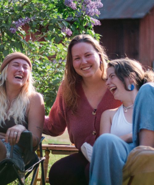 "Volunteers engaging in community projects in Sweden, surrounded by lush greenery